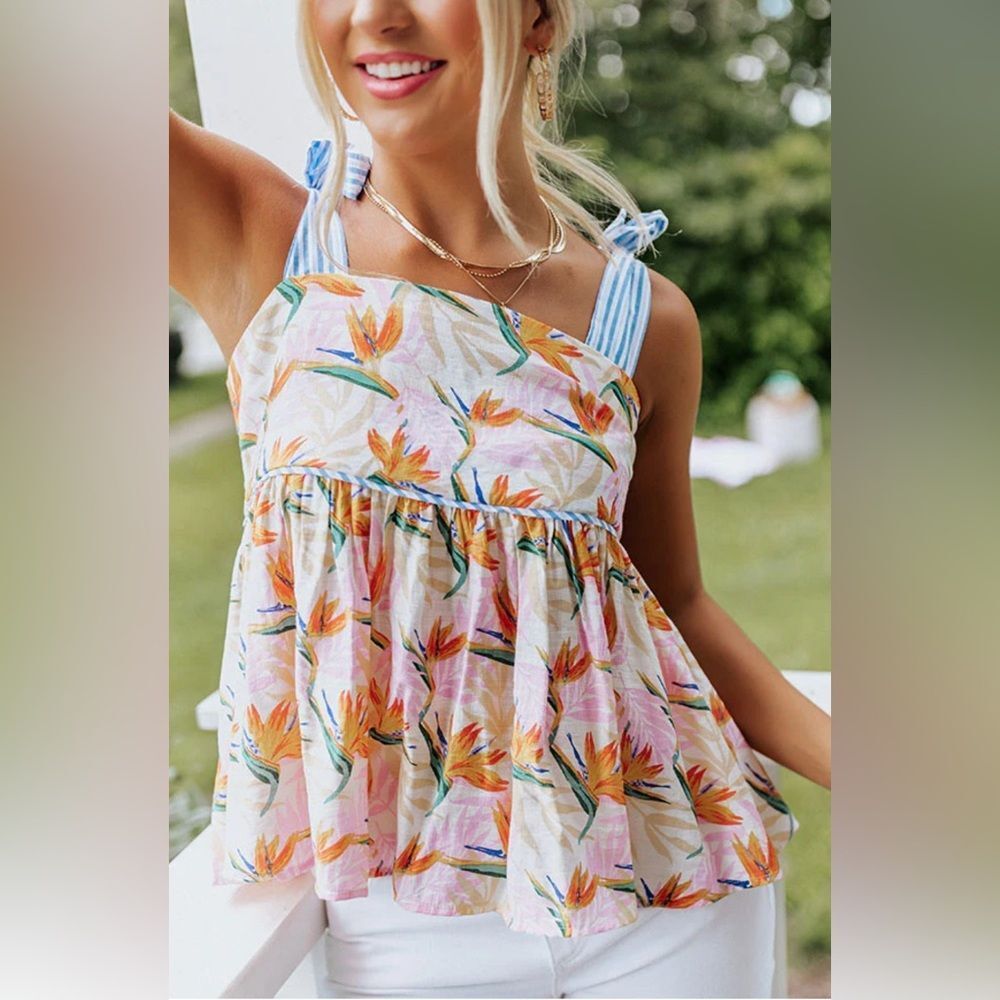 THML Striped-Tie Floral Babydoll Tank - White, Orange, Blue